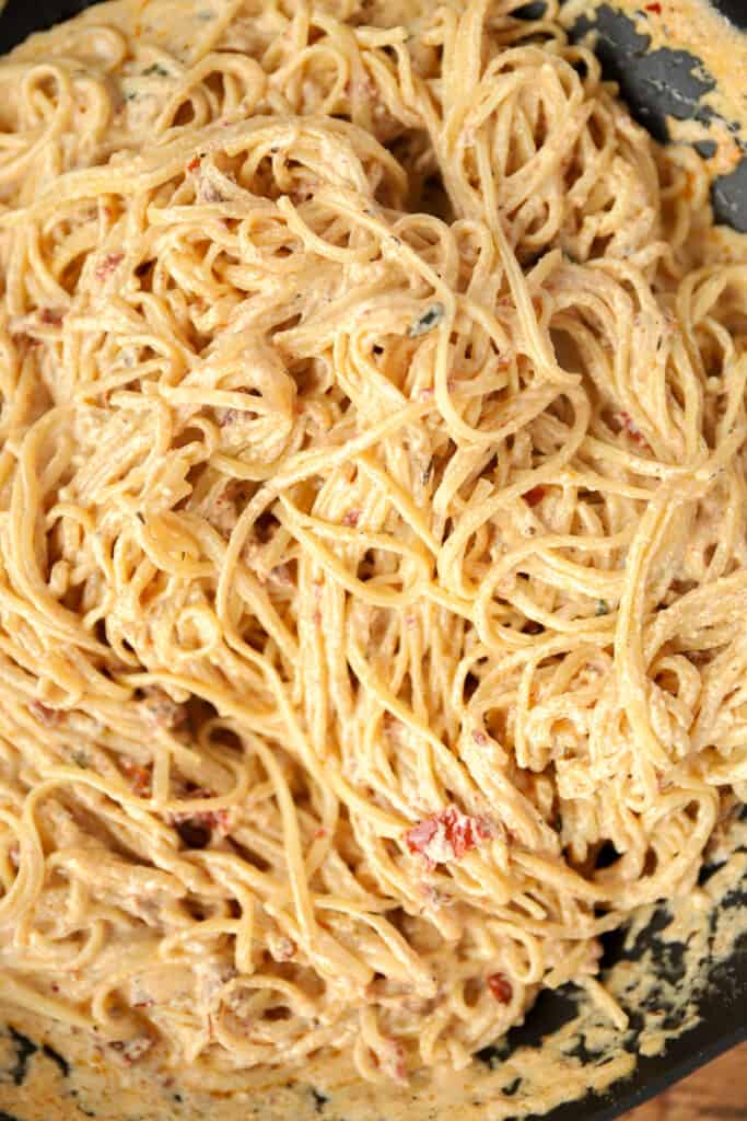 overhead photo of the creamy marry me pasta in the non-stick pan.