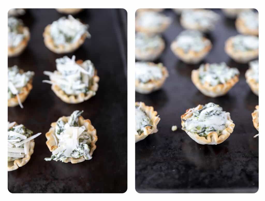 side by side of two photos. Left photo shows the phyllo cups filled with the spinach dip on the baking sheet. Right photo are the spinach dip bites baking on the baking sheet.