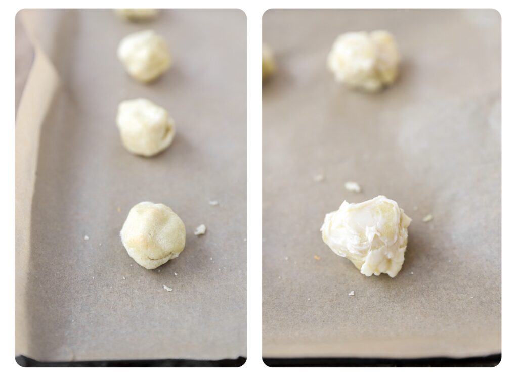 two photos side by side. Left photo shows the unbaked grilled cheese bite on the parchment paper. Right photo shows an unbaked grilled cheese bite now smothered in butter.