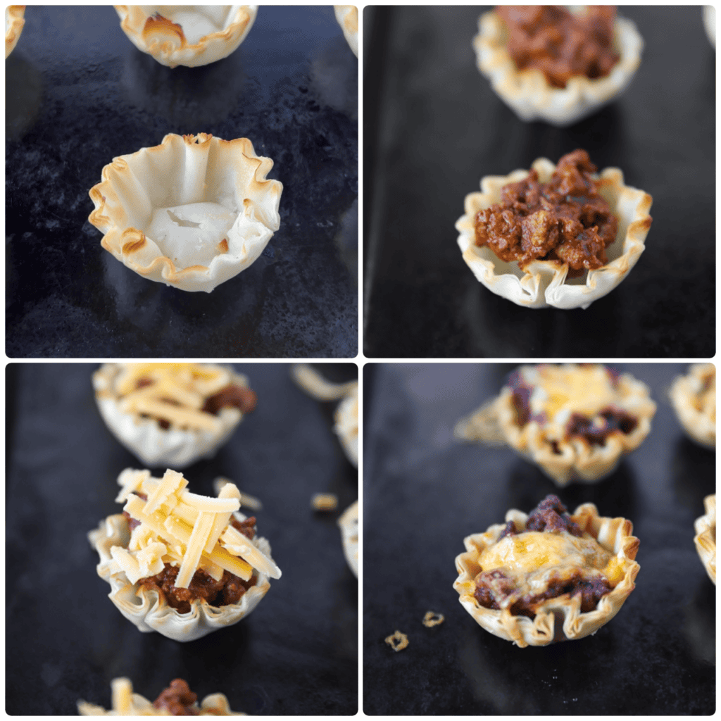 collage of 4 photos making the taco bites.
Upper left: the empty phyllo cup on a baking sheet.
Upper right: the phyllo cup now filled with the cooked seasoned ground beef.
Lower left: the taco bite now topped with shredded Cheddar cheese.
Lower right: the baked taco bite on the baking sheet.