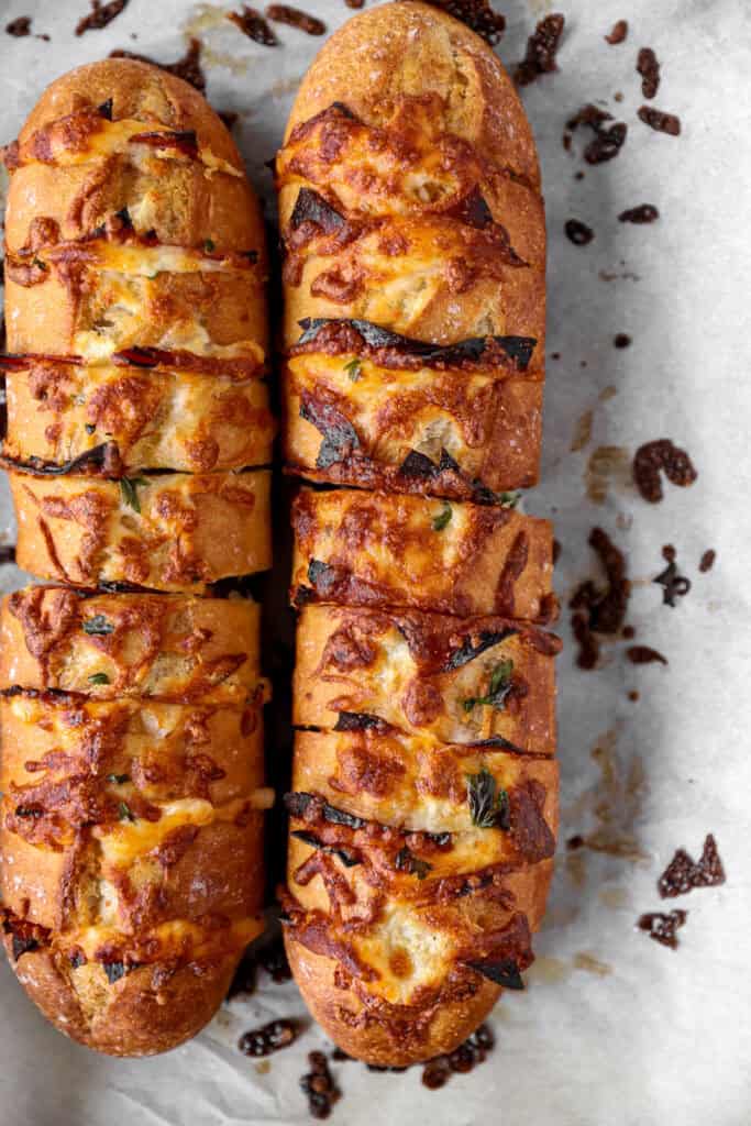 overhead photo of the baked stuffed garlic bread