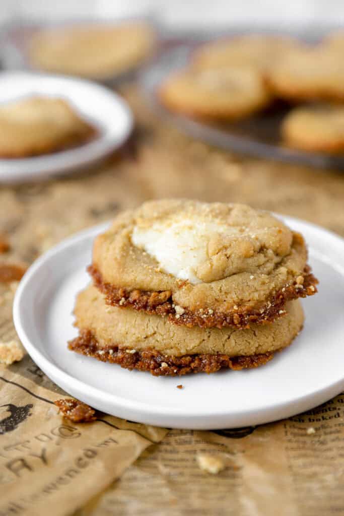 2 cookies stacked on a white round plate.
