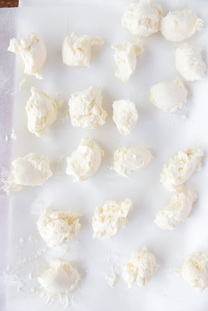 overhead photo of the cheesecake filling on parchment paper.