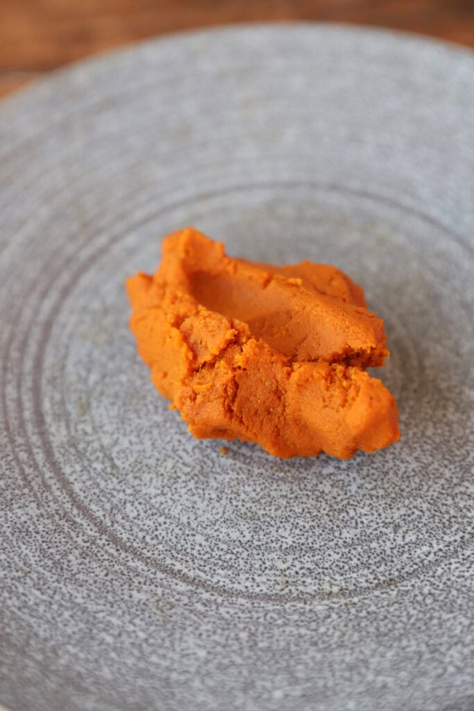 dried canned pumpkin on a grey plate
