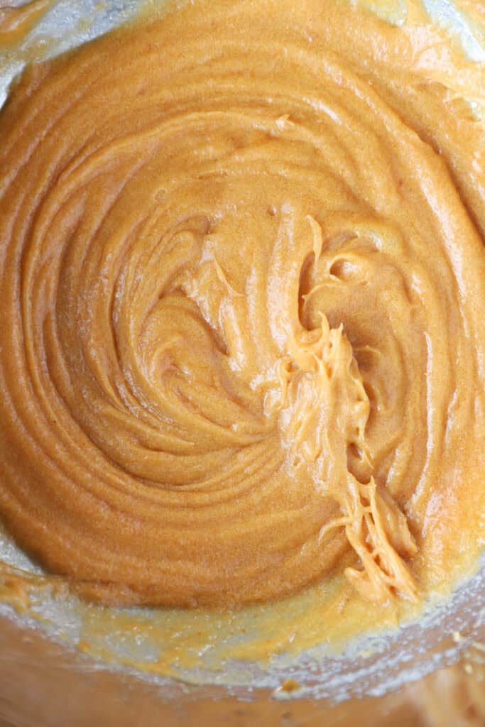overhead photo of the wet batter in a stainless steel bowl.