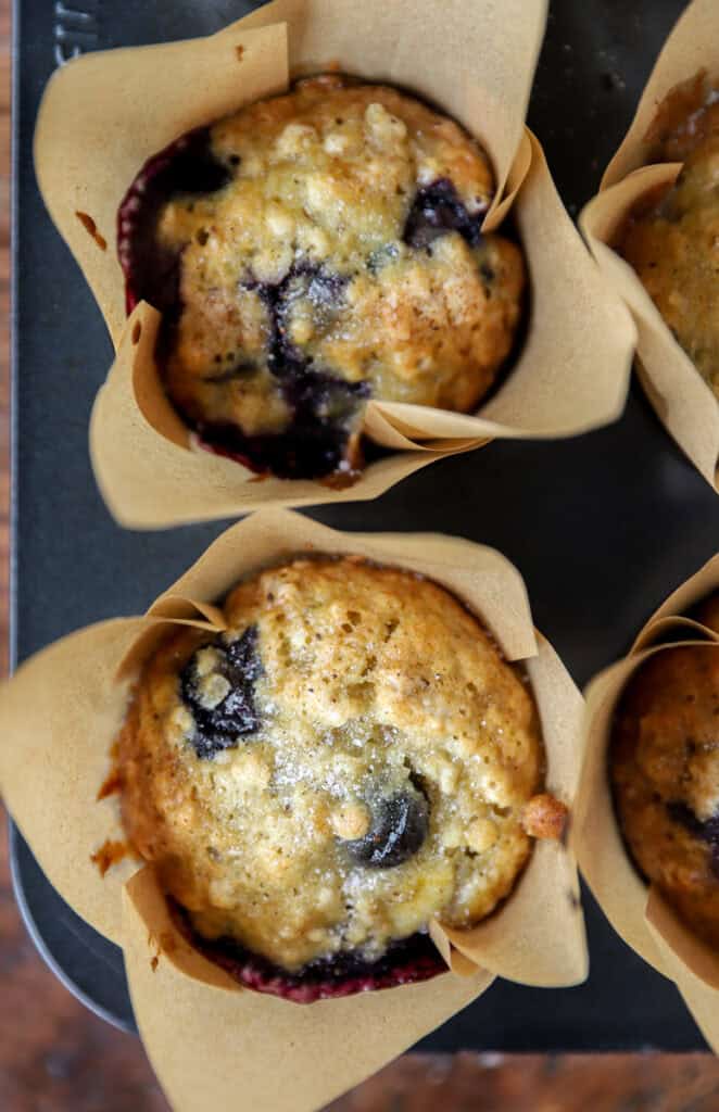 overhead photo of the baked muffins still in the pan.