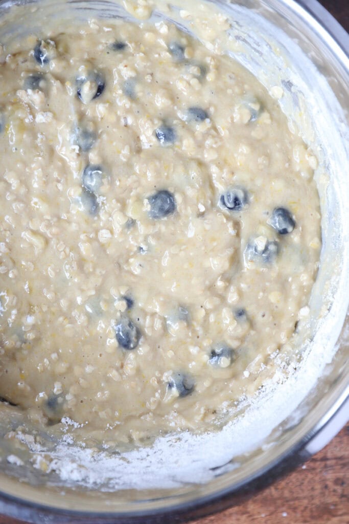 overhead photo of the banana blueberry oat muffin batter.