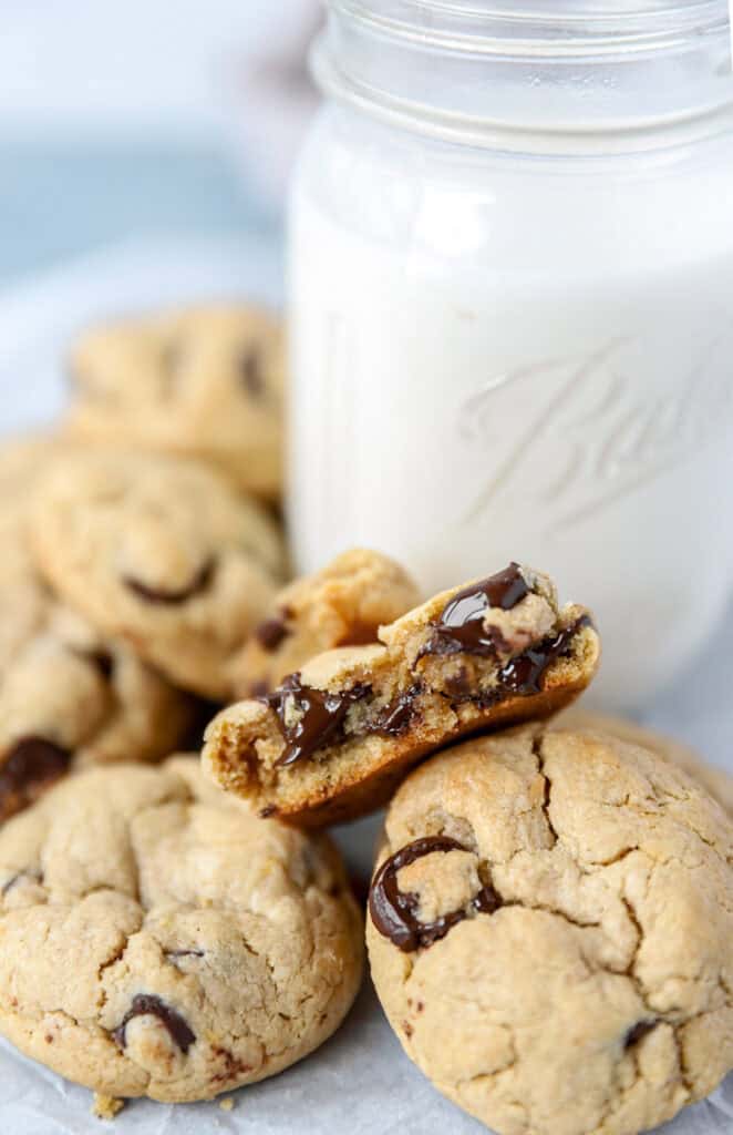 banana peanut butter cookies with a glass of milk.