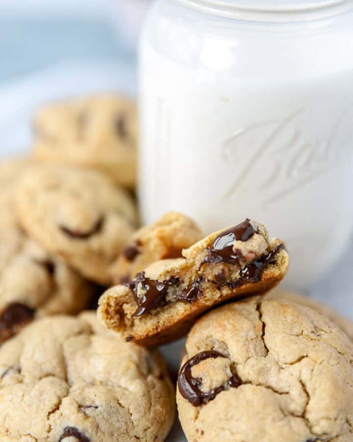 banana peanut butter cookies with a glass of milk.
