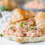 Buffalo chicken chicken salad on a croissant topped with diced scallions on a white plate.