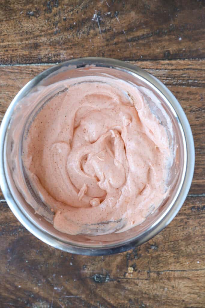 overhead photo of the Buffalo mayo sauce in a stainless steel bowl.