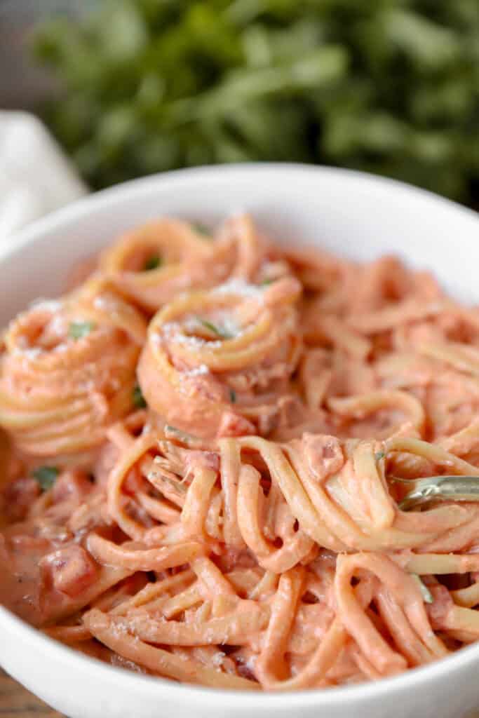 the pasta in a white bowl with a fork with noodles twirled around the fork.