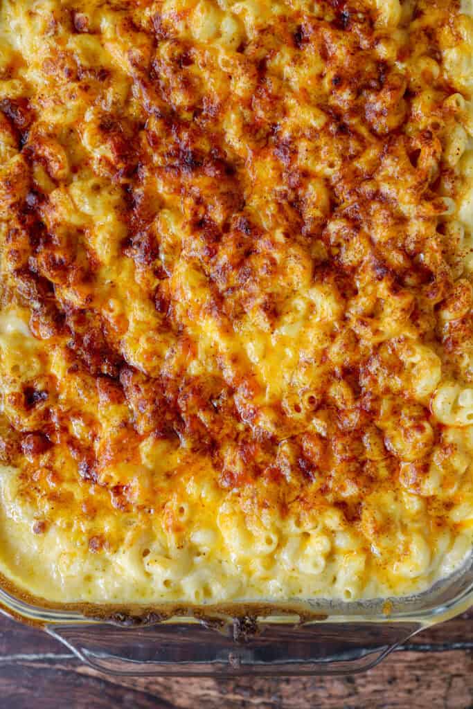 overhead photo of the final baked macaroni and cheese.
