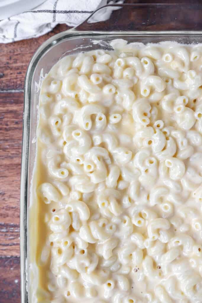 overhead photo of the macaroni and cheese unbaked in a casserole dish.