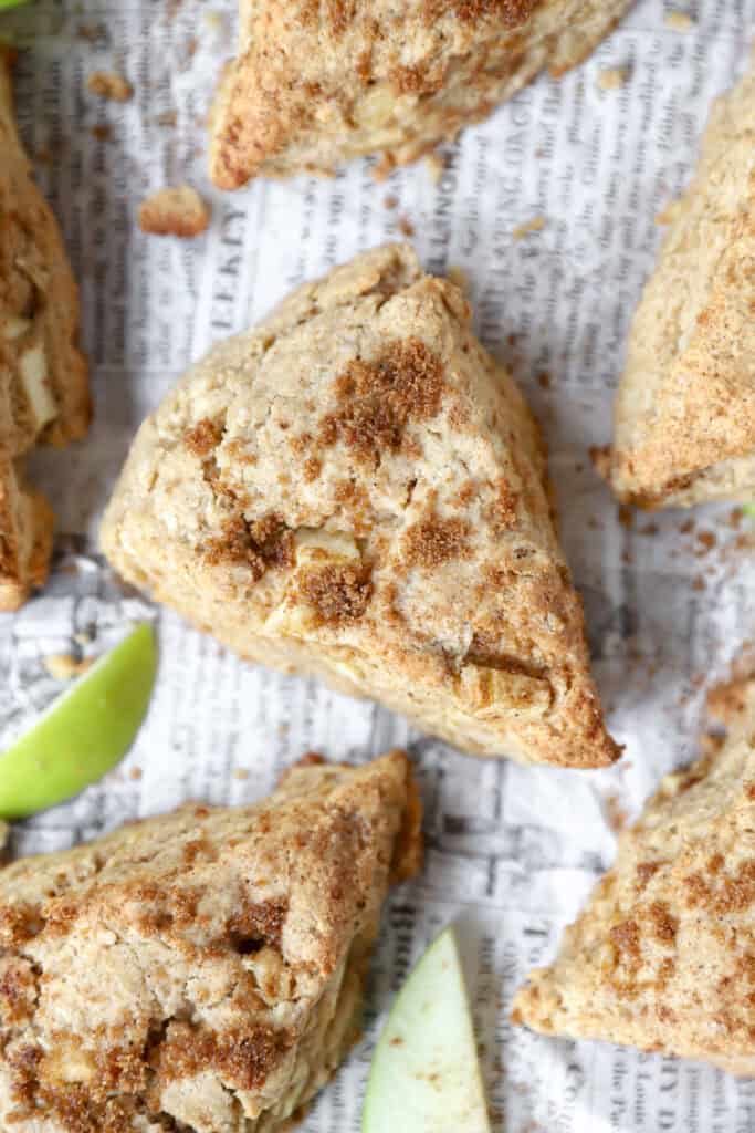 overhead photo of the baked scones on newsprint paper.