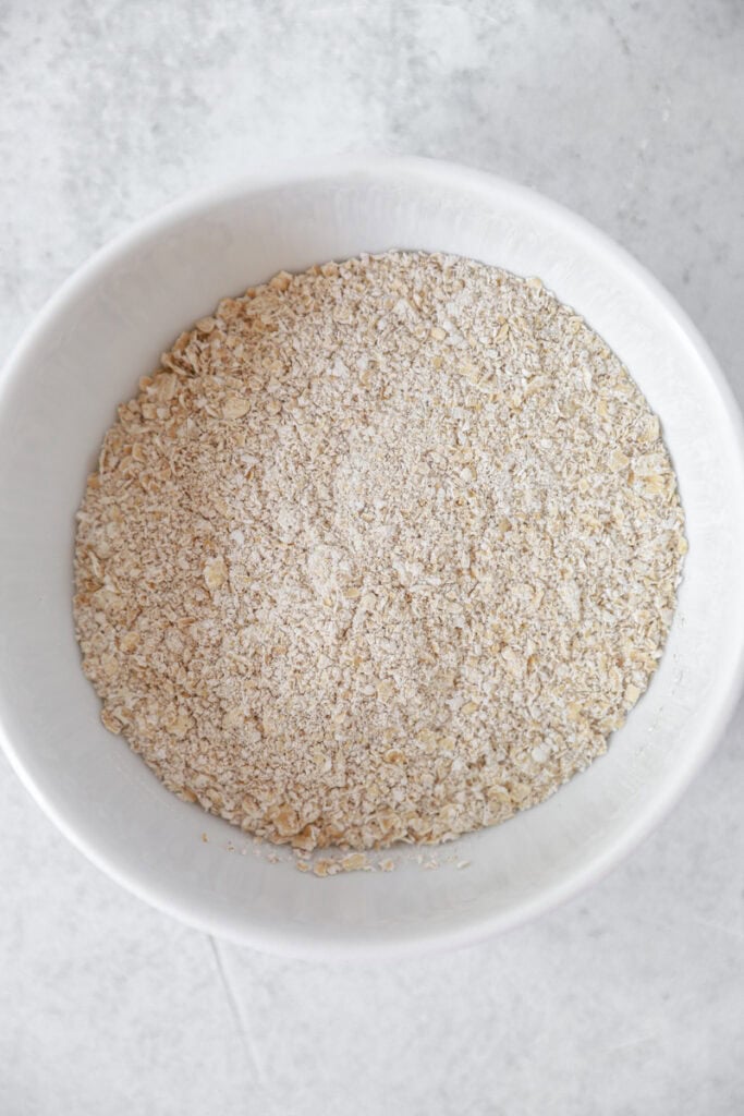 overhead photo of the pulsed oats in a white bowl.